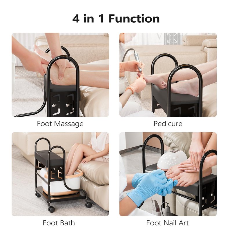 OmySalon Pedicure Cart Foot Bath Trolley, Adjustable Height Salon Trolley with PU Cushion, Portable Nail Esthetician Cart for Manicure & Foot Massage, Beauty Spa Supplies with Locking Wheels (Black)
