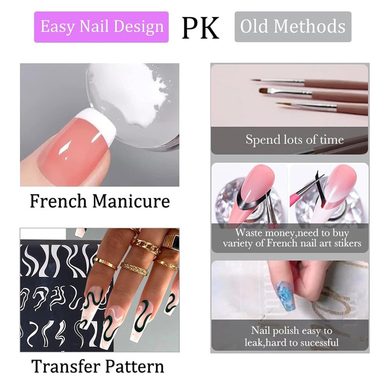 French Line Nail Stamper Plates Kit, 4Pcs Nail Stamping Plates + Dual-end Silicone Nail Stamper Tool Set, French Tip Geometric Wave Strips Snake Art Printing Template Home Salon DIY Design Manicure