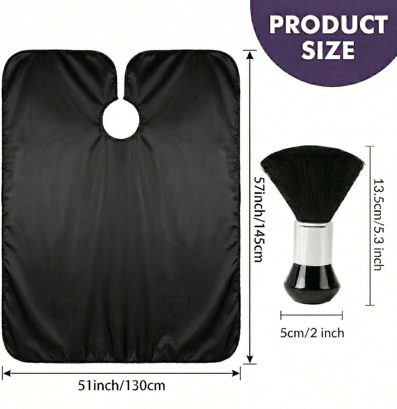 Hair Cutting Cape Set - Waterproof Anti-Static Barber Cape with Neck Brush & Disposable Paper | 57" x 51" (Black)