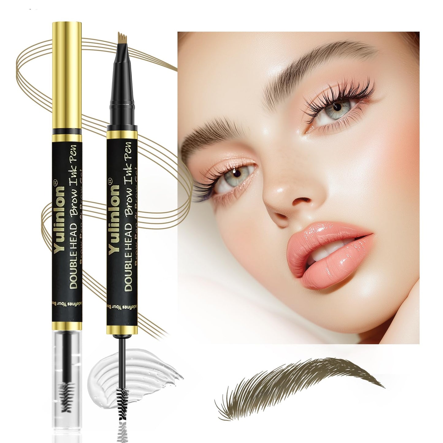 Yulinlon 2-in-1 Double Head Eyebrow Pen and Gel, Waterproof Brow Makeup with Dual-Ended Applicator (3#Dark Brown)