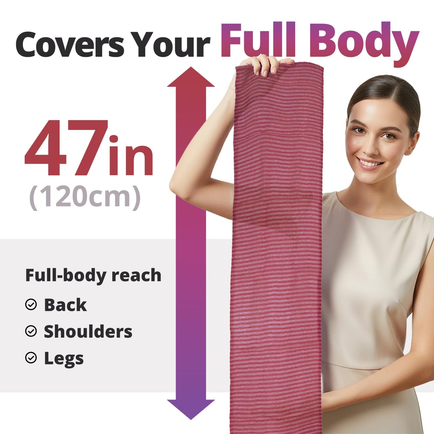 aisen Japan - Gentle Exfoliating Shower Towel, Ultra-Soft Japanese Nylon Body Scrubber, Long 47" Back Towel, Quick-Dry, Colorfast & Odor-Resistant, Made in Japan | Home & Spa (Wine Red)