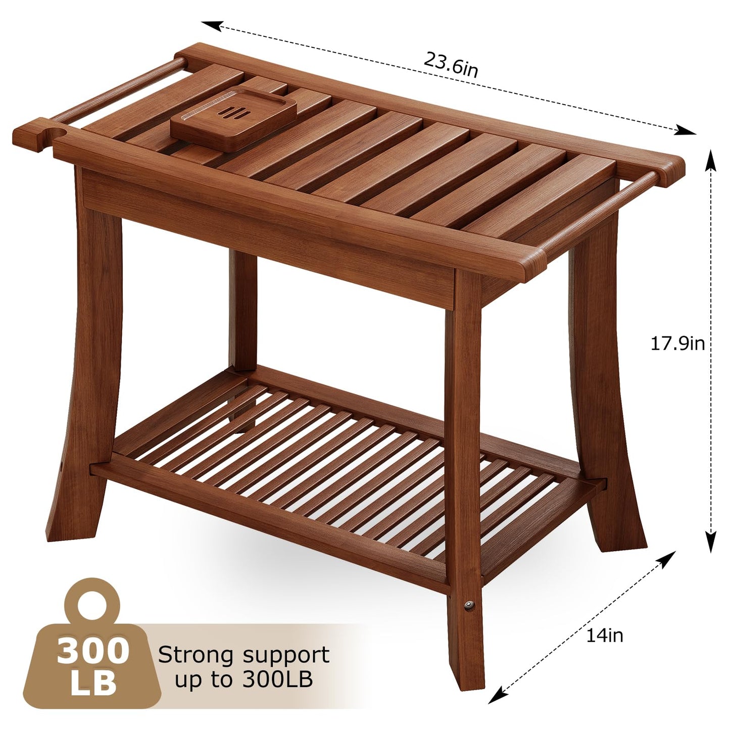 Teak Shower Bench, 23.6 Inch Teak Shower Stool 300lbs Wood Shower Chair Seat with Storage Shelf Towel Rack for Bathroom Indoor and Outdoor Use