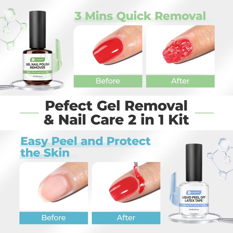 Luckyfairy Gel Nail Polish Remover: 15ml Nail Polish Remover with Liquid Latex for Nails Peel off, Fast & Easy Remove Gel Polish in 2-5 Minutes, No Soaking or Wrapping, Cuticle Protectors