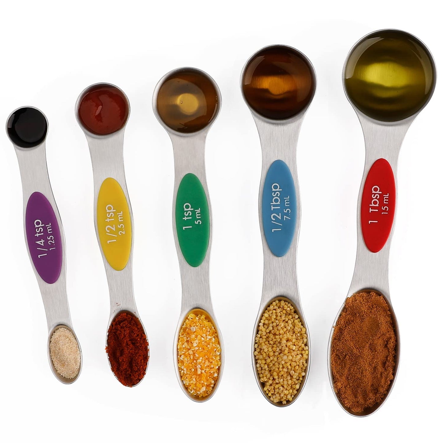 Magnetic Measuring Spoons Set of 5 Stainless Steel Dual Sided Stackable Teaspoon for Measuring Dry and Liquid Ingredients (Color)