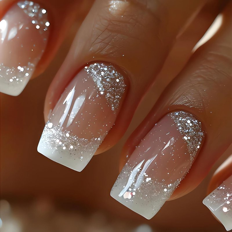 SINSEN French Tip Press on Nails Short Square Fake Nails Cute Glue on Nails Glossy Glitter Acrylic Nail Kit Winter Nail Art Decorations Full Cover White French Designs Stick on Nails for Women 24Pcs