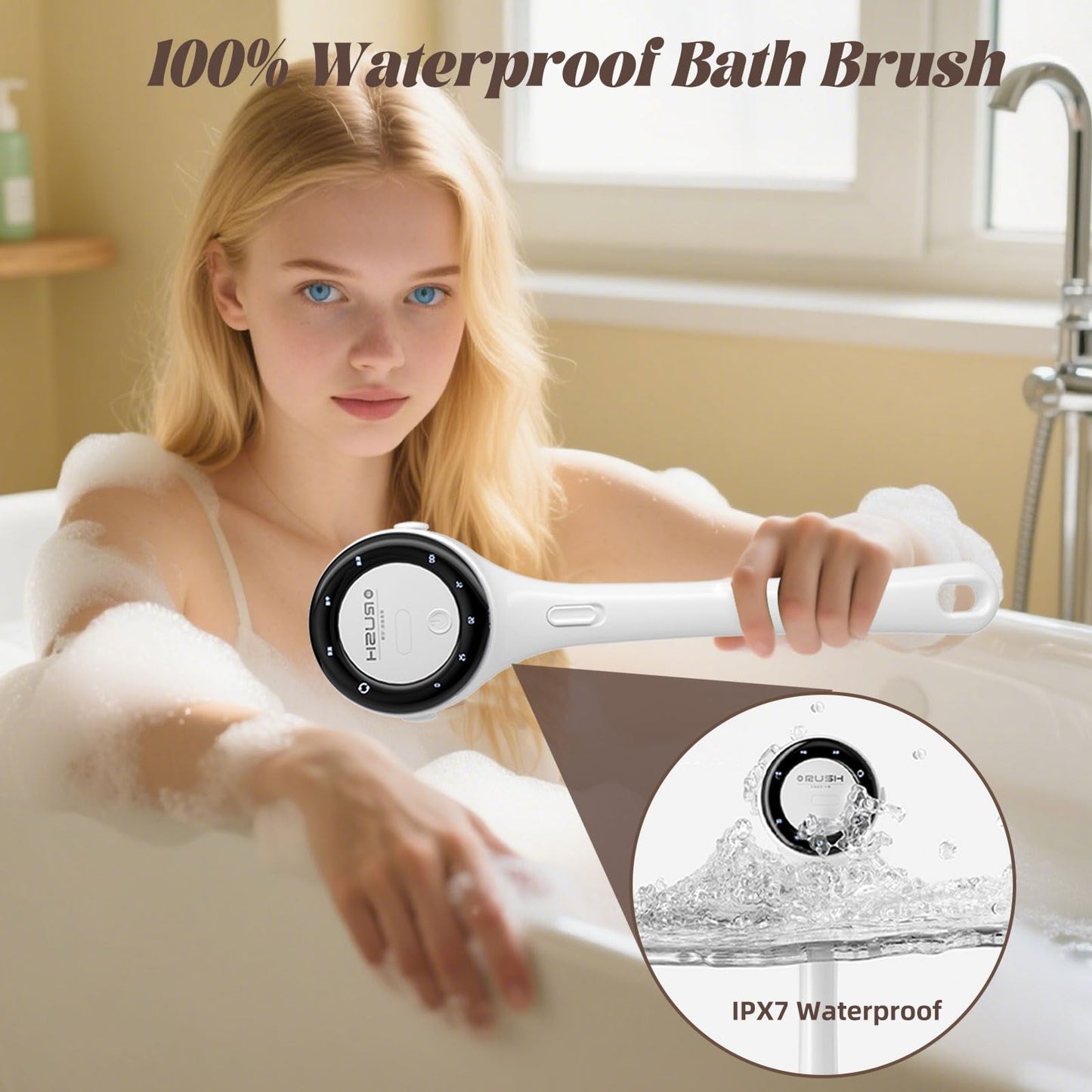 Electric Body Brush, 3 Speed Silicone Body Scrubber with LCD Display, 5in1 Back Scrubber for Shower, Waterproof Rotating Body Brushes, Rechargeable Bath Brush for Clean Exfoliate Massage (White)