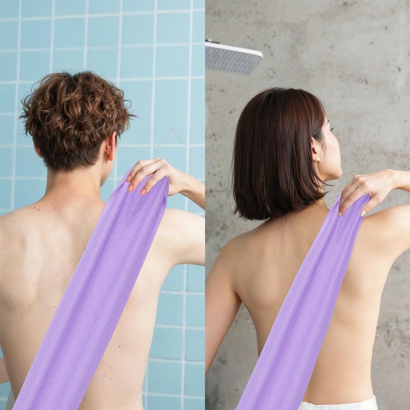 DOPENSPI 4PCS Exfoliating Back Scrubber with Handles, Nylon Double-Sided Exfoliator Extended Length Stretchable Body Exfoliating Washcloth Pull Strap Back Washer for Women Men(B)