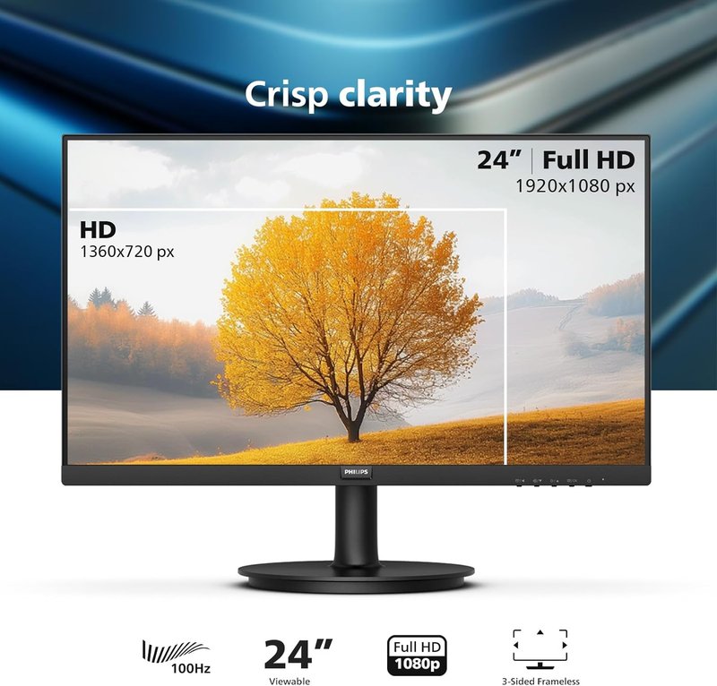 Philips 24-Inch Full HD Computer Monitor - 100Hz, Frameless Design, Eye Care | VESA, HDMI, VGA Ports