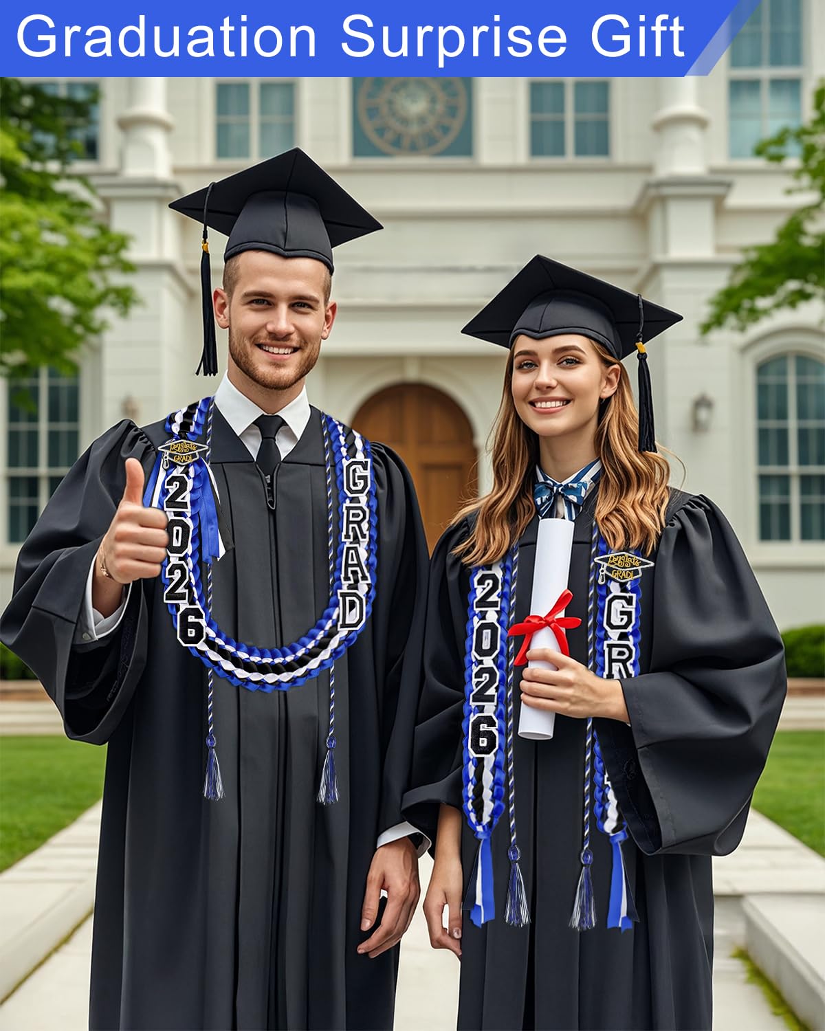 Yigney Graduation Lei Set Class of 2026 Grad Ribbon Leis with Honor Cord Double Braided Graduate Leis for Men Women Blue Black White