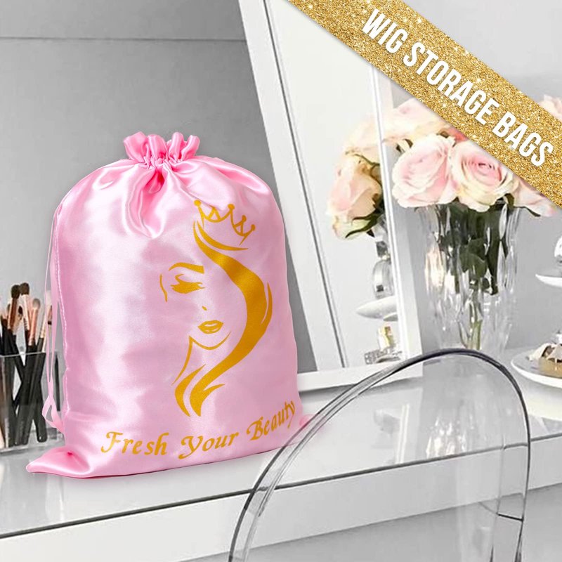 AIHOPESTO 6PCS Satin Storage Pouches for Multiple Hair Pieces - Silk Drawstring Organizers for Bundles, Extensions & Packaging (Pink)