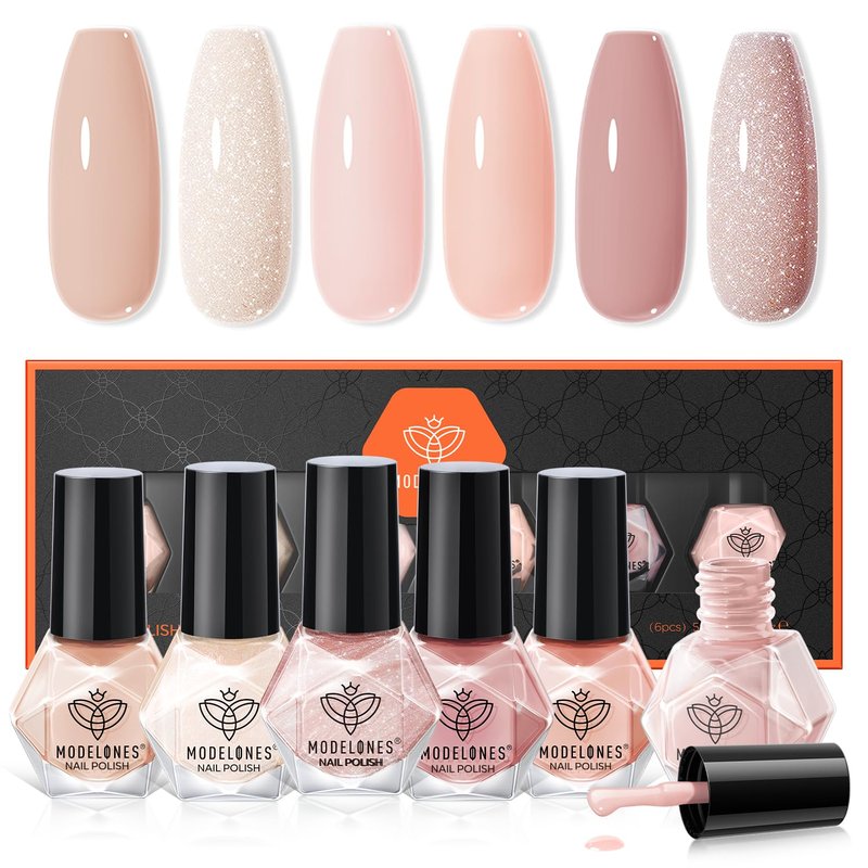 Modelones Nude Nail Polish Set - 6 Quick Dry Skin Tone Colors | Glitter Spring & Summer Collection