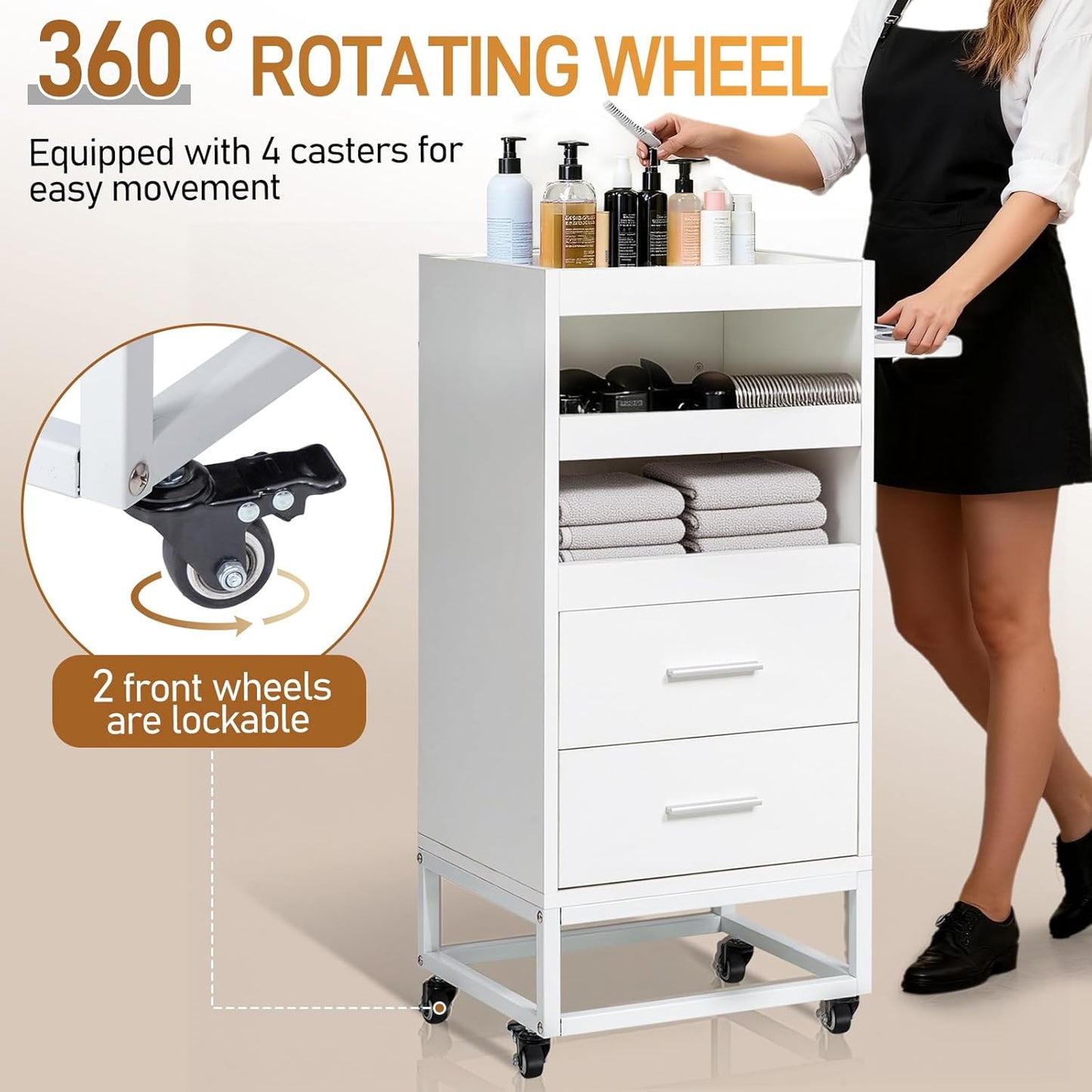 Winado Beauty Salon Trolley Cart, Rolling Hair Cart with Lockable Wheels, 2 Drawers, 3 Tool Holders, Mobile Makeup Organizer Station Cabinet for Hair Stylist Beauty Spa Barbershop, White
