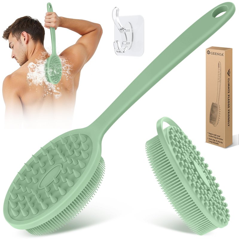 GEENOA Silicone Back & Body Scrubber Set 2PCS, 13.4'' Gentle Exfoliating Back Scrubber with Dual-Side Head and Non-Slip Handle, Hygienic Silicone Loofah with Soft Bristles and Massage Dots(Green-2PC)