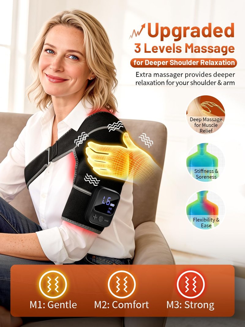 RELEXNOW Upgraded Cordless Red Light Therapy for Shoulder with Massage– 5000mAh Rechargeable Near-Infrared Light Shoulder Brace Wrap with Heat & Vibration Massager for Left & Right Shoulders