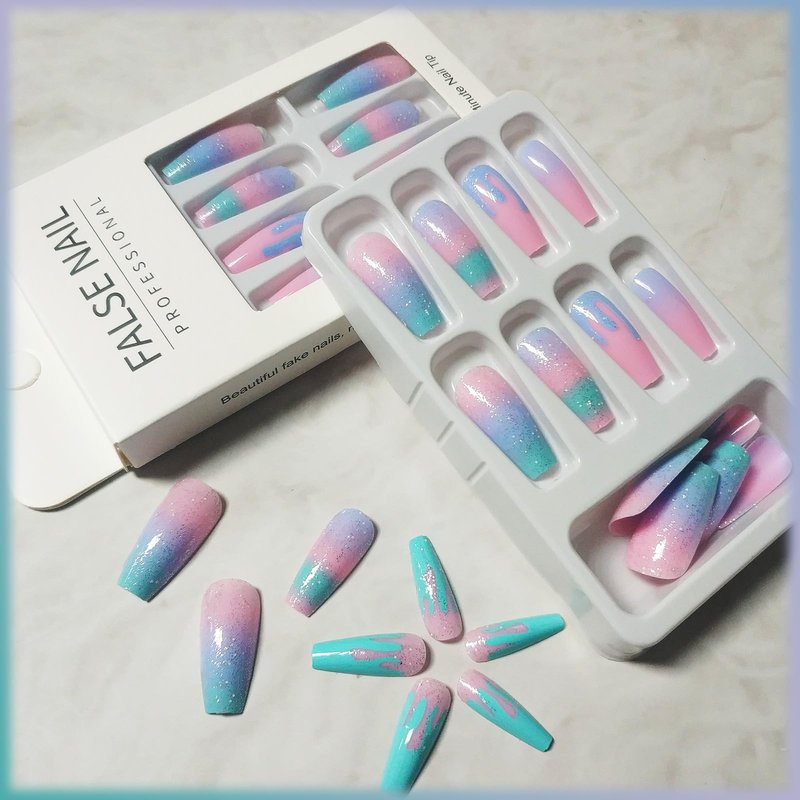 Coquette 24Pcs Rainbow Gradient Coffin Nails with Macaron Design - Sparkly Medium Glossy Glitter Manicure Art Acrylic False Nails
