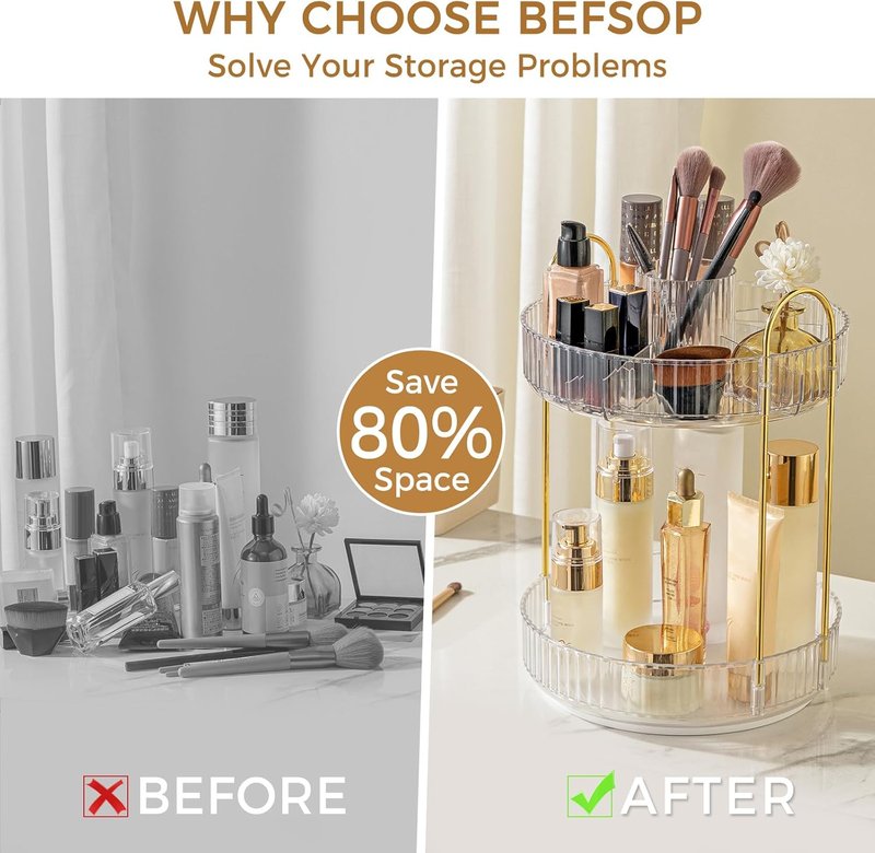 360° Rotating Makeup Organizer - Upgraded 2-Tier Skincare & Perfume Storage | Clear Cosmetic Dresser with Brush Holder