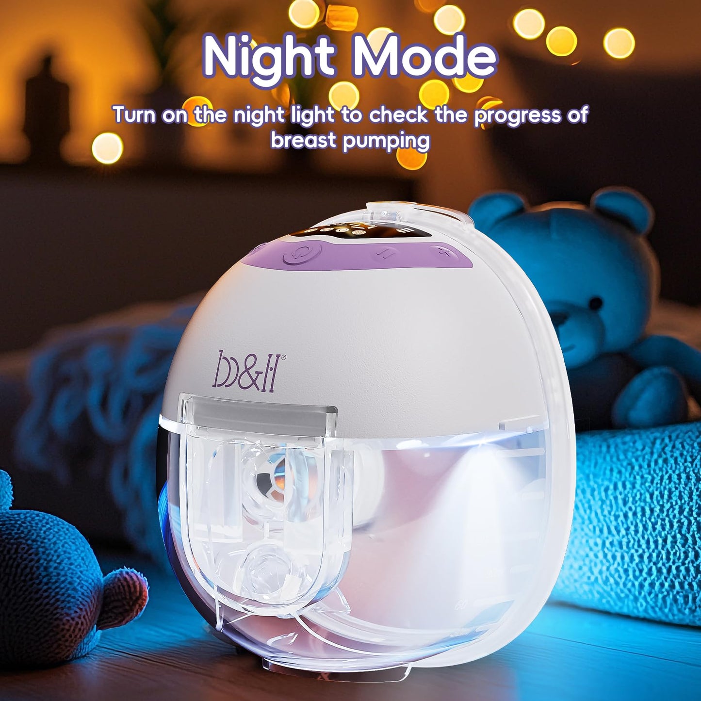 b&h Breast Pump Hands Free with Night Light, S33 Portable Electric Wearable Breastfeeding Pump, 4 Modes & 9 Levels, 27/24/21/19/17mm Flange, Baby Mouth Double-Sealed Flange, Milk Pump for Moms -Purple
