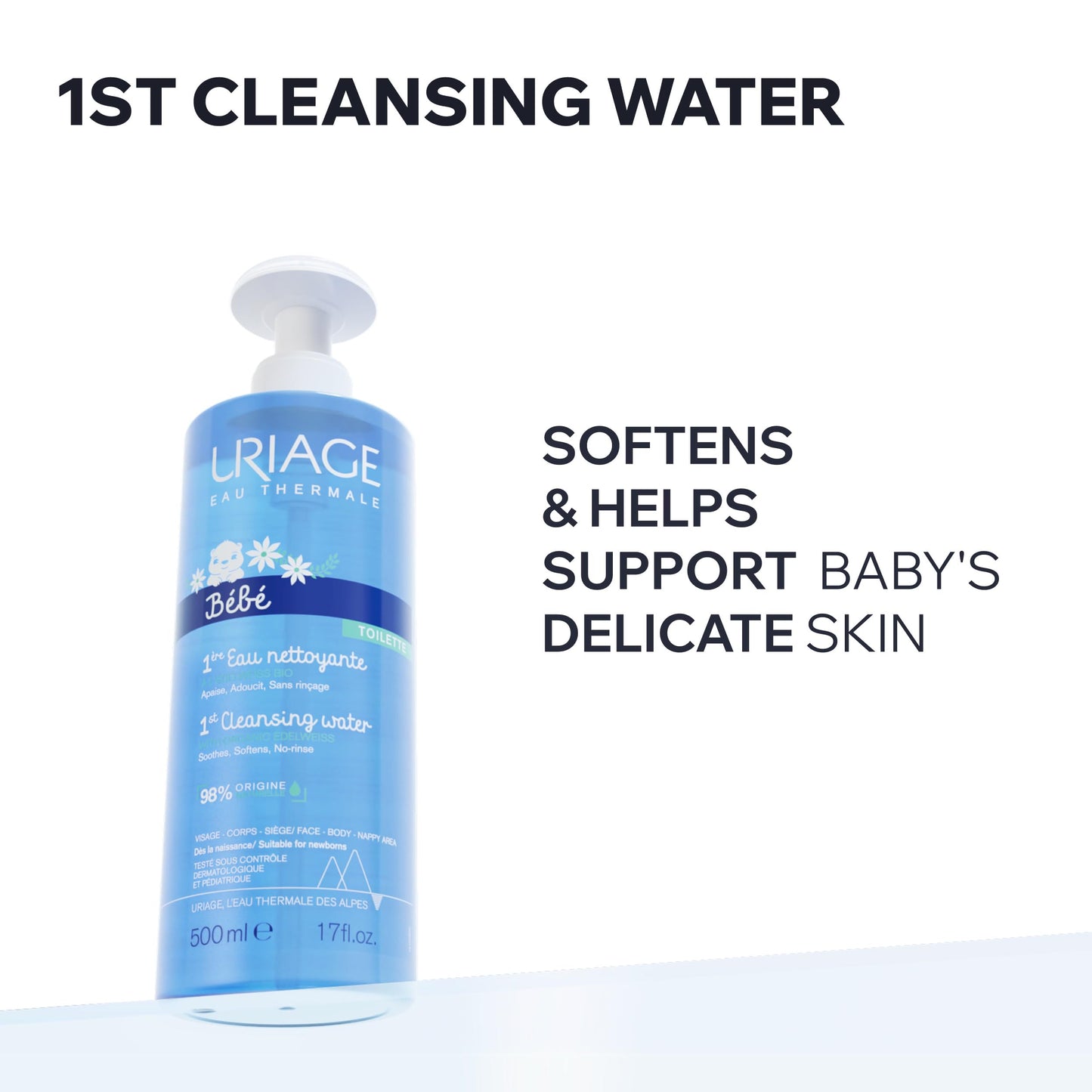 Uriage Baby No-Rinse Face & Body Cleanser With Organic Edelweiss, Soothes, Softens And Respects Baby's Delicate Skin, Ultra-Convenient Pump, Soap Free, Physiological Ph