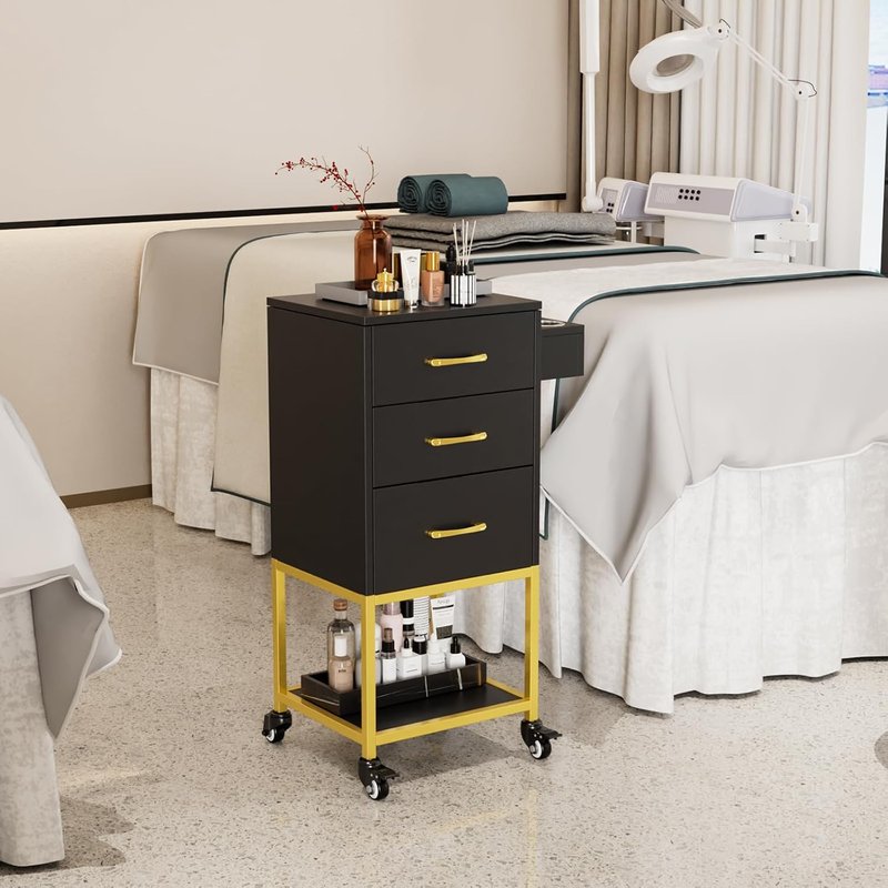 Beauty Salon Storage Trolley Cart - Wooden Hair Cabinet with Dryer Holder & Drawer | Black Hairdressing Organizer for Stylist