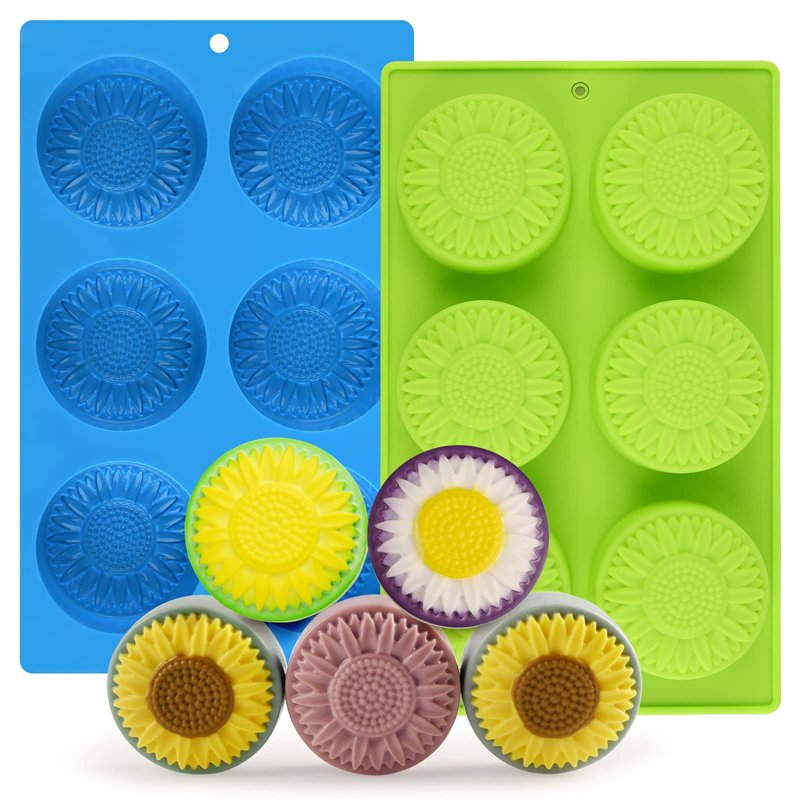 Actvty Round Sunflower Soap Molds, 2 Pack 6 Cavity Cylinder Daisy Flower Silicone Molds for Making Hot Chocolate Bomb, Cake, Jelly, Soap, Lotion Bars