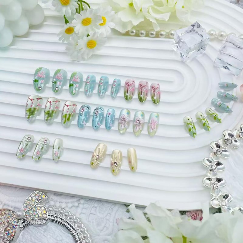 Floral Press-On Nails - Handmade Almond Shape with Pearls & Rhinestones | Glossy Reusable 24-Pcs Set for Daily Wear