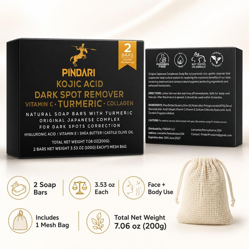 Pindari Turmeric Kojic Acid Soap Bar 2 Pack 3.53 oz Each | Face & Body Cleansing Bar with Vitamin C | Collagen | Hyaluronic Acid | Vitamin E & Shea Butter | SLS Free | Paraben Free | Vegan