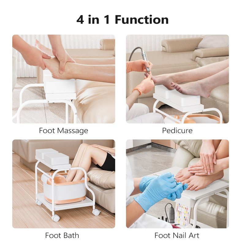 OmySalon Pedicure Cart Foot Bath Trolley, Portable Salon Nail Esthetician Rolling Cart, Adjustable Manicure & Foot Massage Stool w/PU Cushion, Locking Wheels, for Spa, Salon & Home (White)
