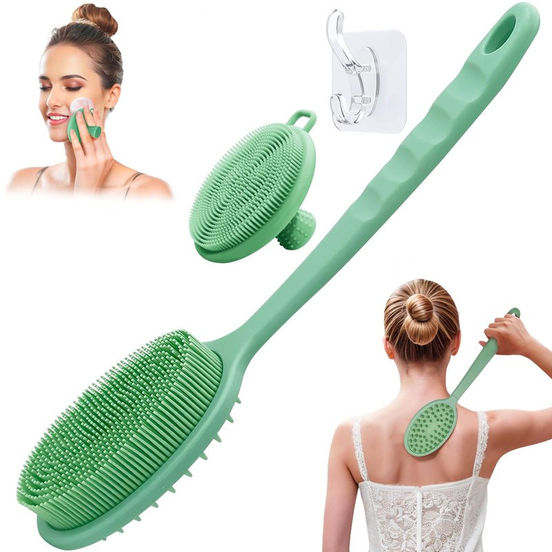 GEENOA Silicone Face & Back Scrubber Set, Manual Face & Body Scrubber Exfoliator with Soft Bristles and Non-Slip Handle, Back Brush Bath Brush with Detachable Brush Head(2PCS Green Set)