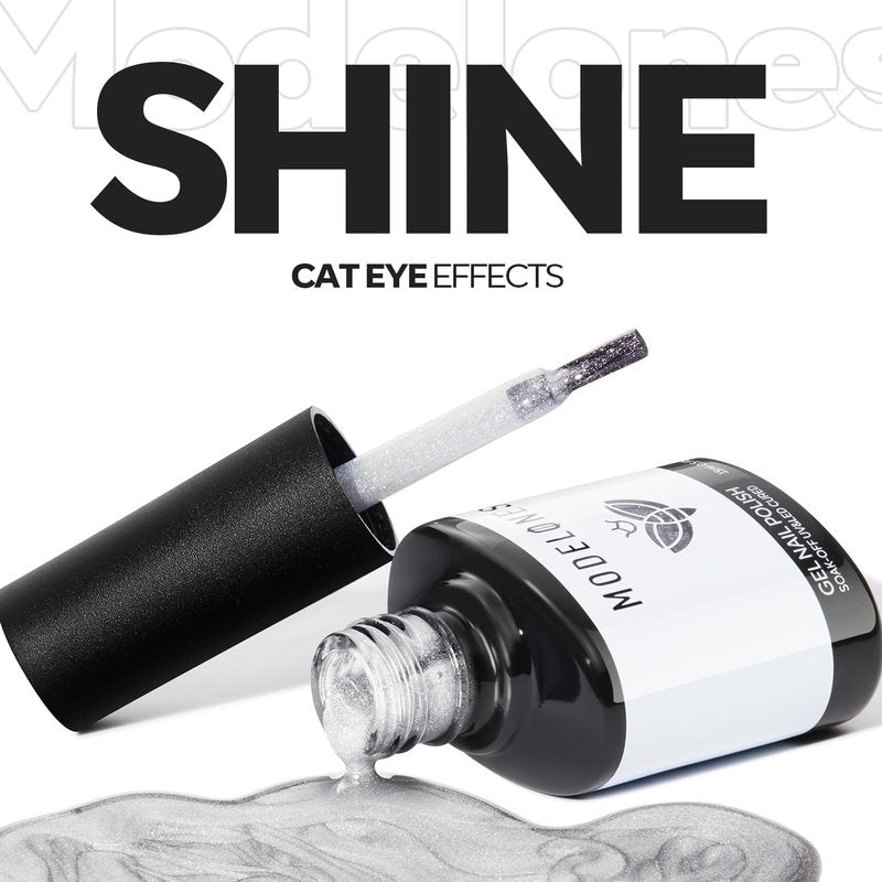 modelones Cat Eye Gel Nail Polish, Silver White Glitter Gel Polish with Magnet 9D Holographic Clear Crystal Nail Polish Soak Off UV Shimmer Polish 15ML