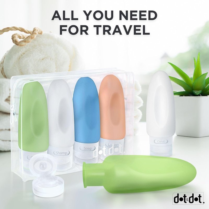 Dot&Dot Leak Proof Travel Bottles - Tubes for Liquid TSA Approved 3oz Silicone Toiletries Travel Shampoo & Conditioner Containers with Labels