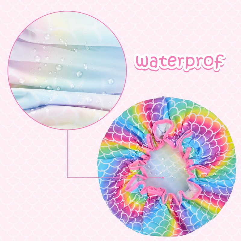Olypegic Kids Shower Cap, 3 Pcs Girls Shower Cap for Kids Reusable Waterproof Adjustable Large Hair Cap Unicorn Mermaid Rainbow Cute Hair Cover Hat