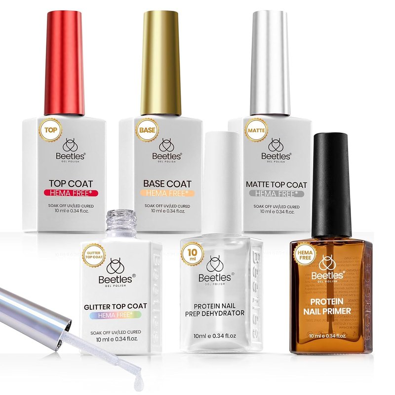 Beetles Protein Nail Prep Dehydrator & Primer - Hema-Free, Acid-Free Bond Primer for Gel & Acrylic Nails | Matte & Glitter Top Coat Set