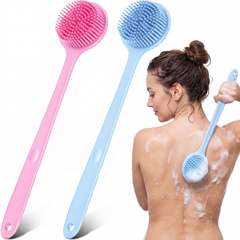 Sunnyray 2 Pack Silicone Back Scrubber for Shower with 15" Long Handle Double-Sided Bath Body Brush for Exfoliating Easy to Clean Quick Dry Deep Cleaning Lathers Well(Pink,Nordic Blue)