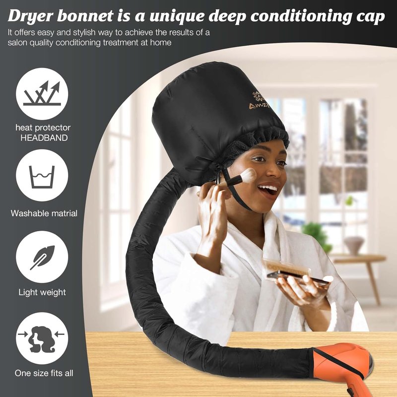 Bonnet Hood Hair Dryer Attachment - Integrated Headband for Faster Drying | Adjustable Black Design