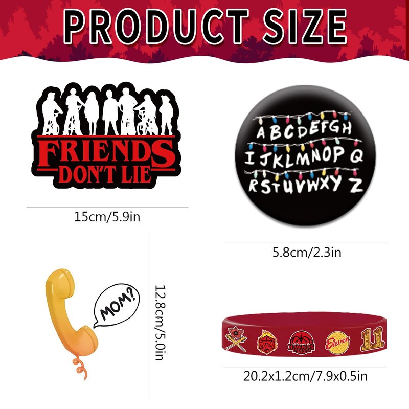 84Pcs Stranger Brithday Party Decorations Red and Black Theme Party Supplies Include 12 Rubber Bracelets 12 Keychain Wristbands 10 Button Pins and 50 Horror Elemental Stickers for Brithday Decorations