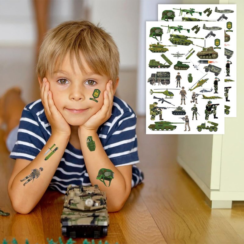 8 Sheets Army Birthday Decorations 200+ Army Temporary Tattoos Military Stickers Camo Theme Party Soldier Helicopter Tank Truck Temporary Tattoos Party Favors Supplies Prizes Rewards