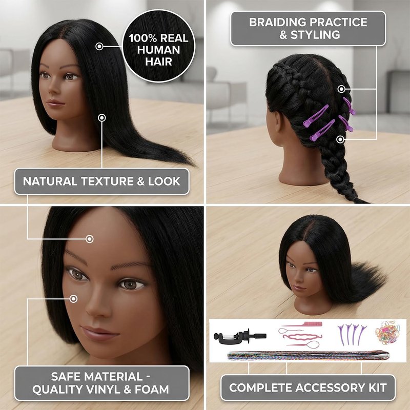 Human Hair Mannequin Head - 16 Inch Braiding Practice Head with Clamp Stand | Ideal for Kids & Cosmetology (Black)