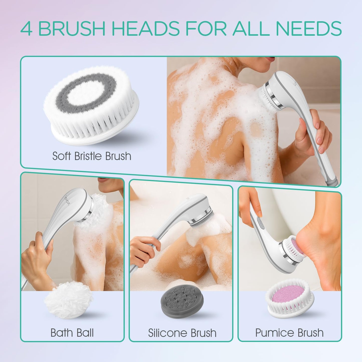 VOYOR Electric Body Brush Back Scrubber for Shower Rechargeable Exfoliating Bath Brush Powered Shower Brush with Non-Slip Long Handle Deep Cleansing, Exfoliation, Massaging Spin Brush BC100 (Grey)