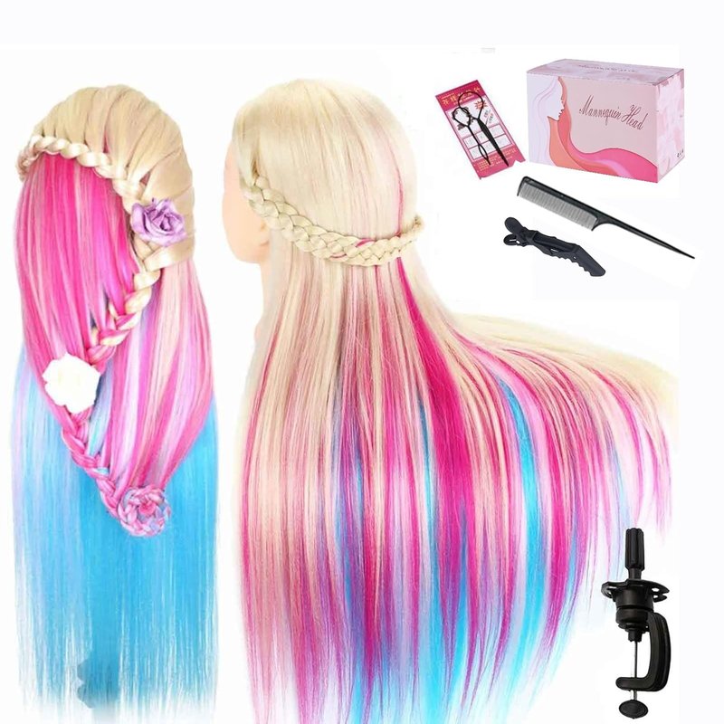 Beauty Star 29" Colorful Mannequin Head with 100% Syntheic Hair, Doll Head for Hair Styling and Braiding Practice, Professional Bride Cosmetology Training Manikin Head with Clamp Stand Updo Kit