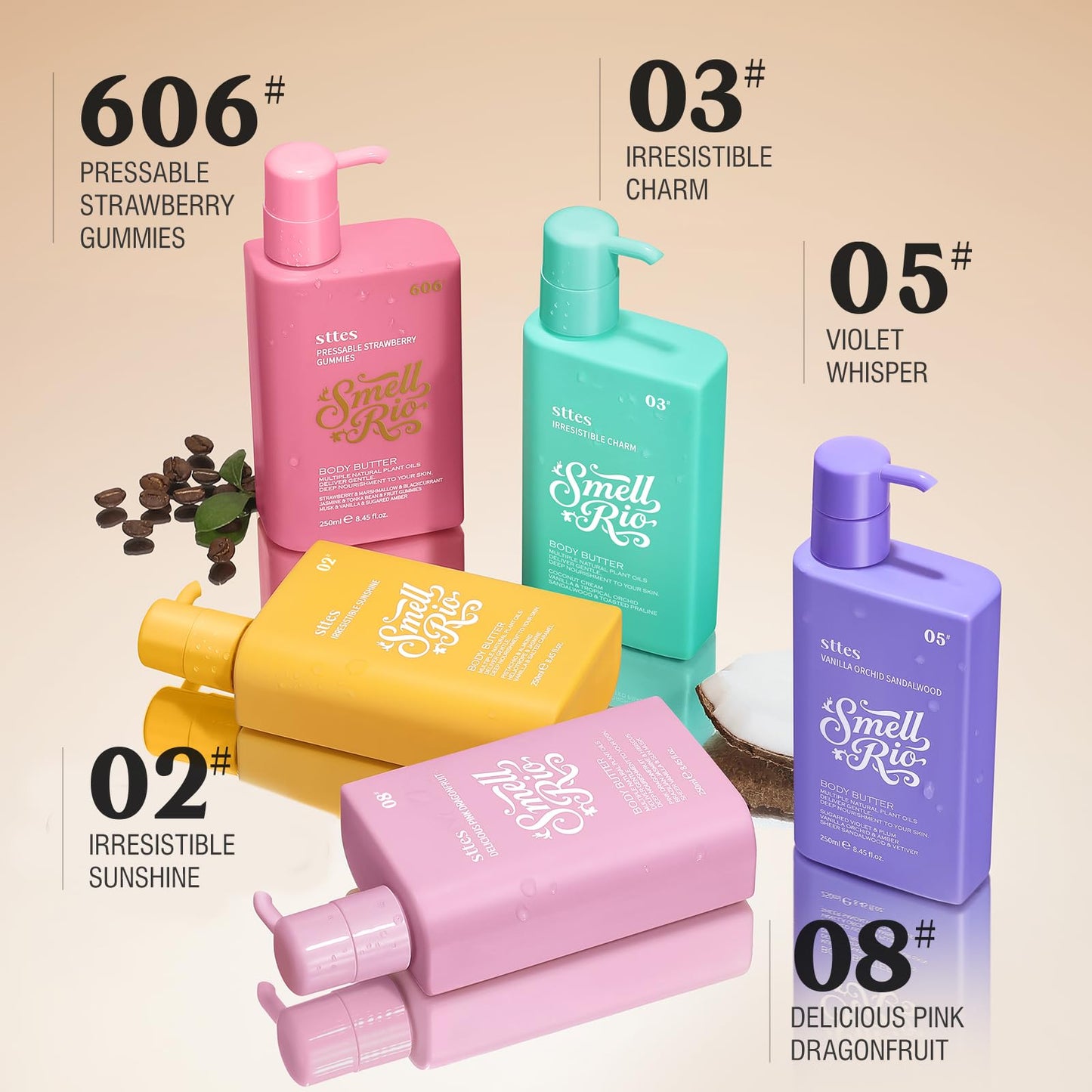 Sttes Smell Rio Body Butter 606# (Pressable Strawberry Gummies) – Whipped Non-Greasy Body Cream with Strawberry Marshmallow & Blackcurrant Candy Scent, Jojoba & Coconut Oil, Caffeine Hydrating Lotion