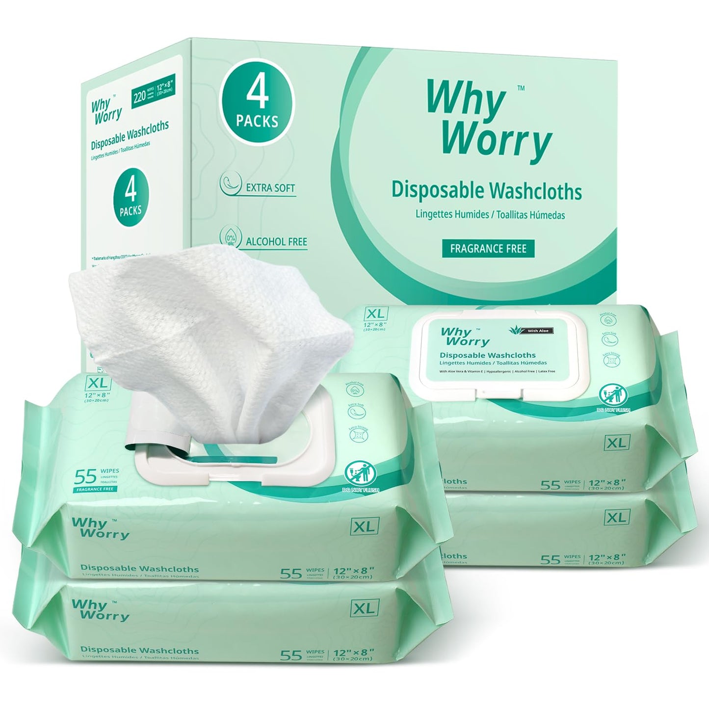 WhyWorry Wet Wipes for Adults, 8"x12" Extra Large Body Cleansing Wipes for Elderly & Incontinence, Extra Thick Adult Washcloths Disposable with Aloe & Vitamin E, Unscented, 220 Count (4 Packs of 55)