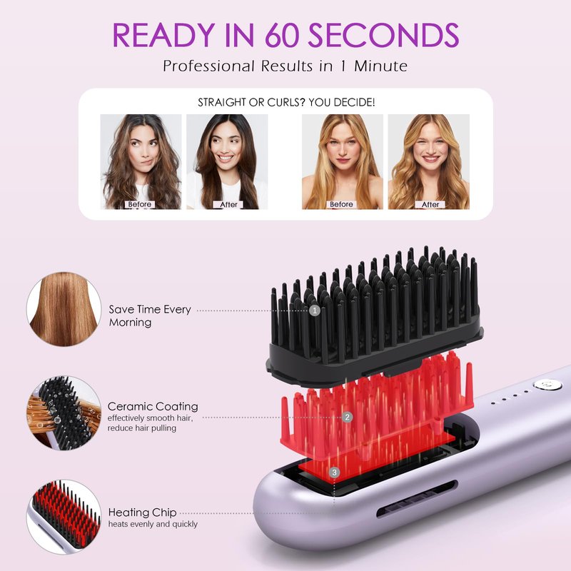 New Go Brush Pro 2026 Cordless Hair Straightener Brush, 280M Dual-Pole Ions, 1-Min MCH Fast Heat, 4000mAh 45-Min Runtime,TSA Mini& Travel,Auto Shut-Off,121 Teeth For Anti-Scald Frizz-Free Salon Smooth