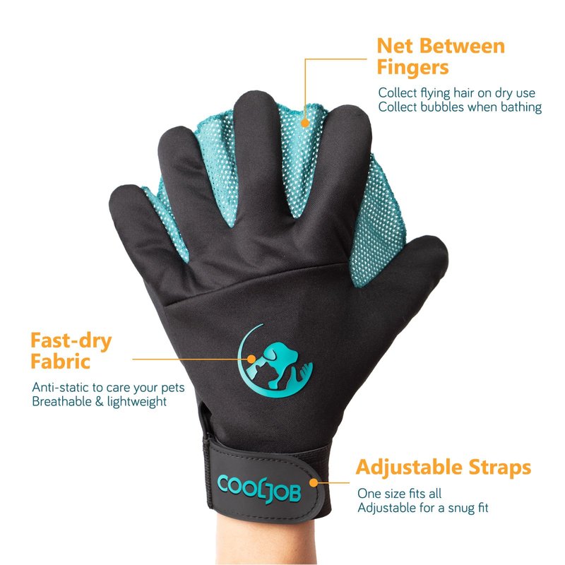 COOLJOB Patented Pet Grooming Gloves with Web, Reusable Washable Cleaning Brush Massage Hair Remover for Short Long Haired Dog Cat Horse Animal, Washing Bathing Shedding Supplies, Medium, Blue Black