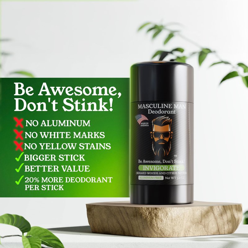 MASCULINE MAN Deodorant for Men - Aluminum Free Mens Deodorant - Natural Deodorants - Sweat Protection for Underarm, Stain-Free Stick Deodorants, Made in USA, 3.2oz (Pack of 2, Invigorate)