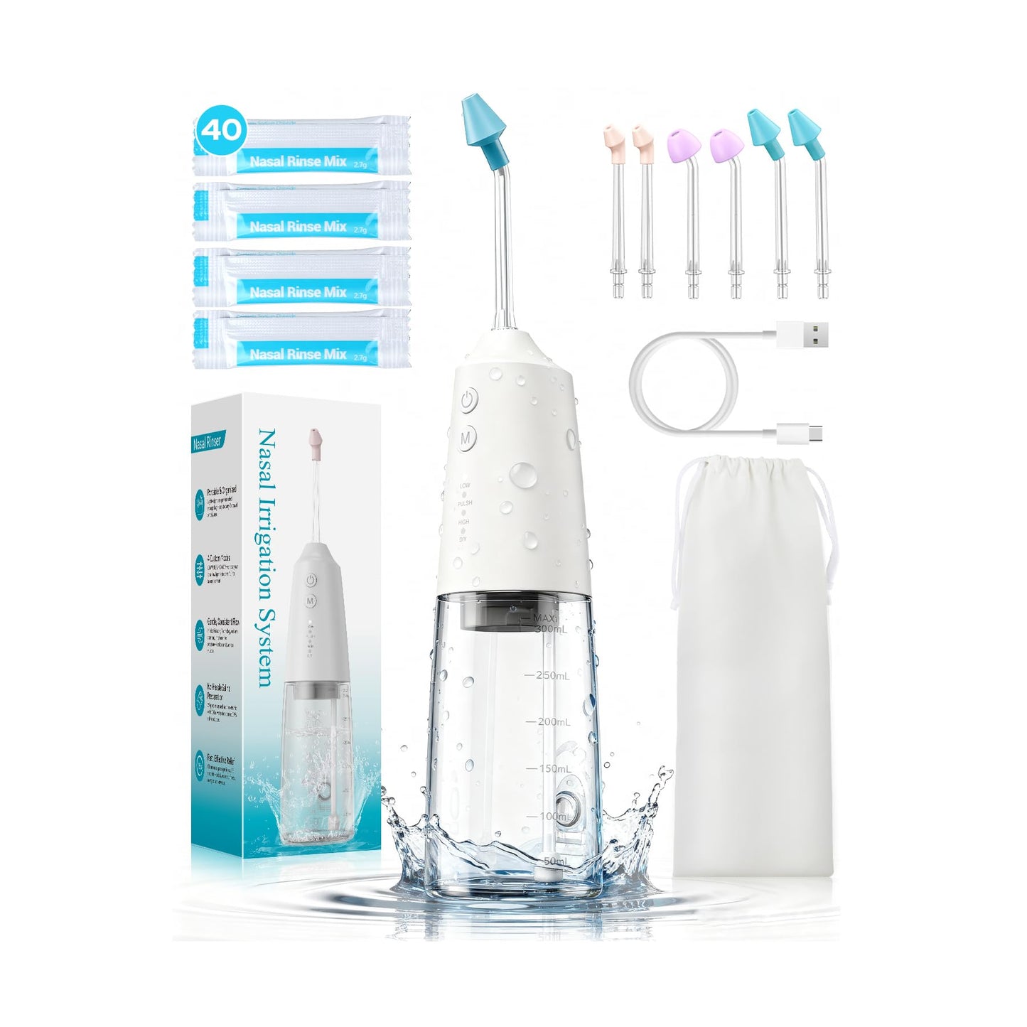 Nasal Irrigation System with 40 Saline Packets, 15s Quick Relief, Nettie Pot Sinus Rinse with 4 Speeds, 1000mah USB-C Charging, 6 Nozzles for Kid Adult, IPX7 Waterproof, Congestion Pressure Relief