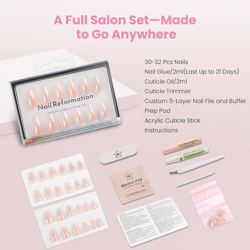 Nail Reformation Press On Nails - Ombre Pink Short Almond | Natural Reusable 32 Nail Kit with Glue in 16 Sizes