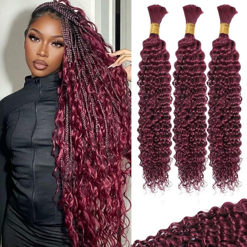 100g 3 bundles 99j Red Burgundy Human Braiding Hair 24 Inch Deep Water Wave Bulk Human Hair for Braiding No Weft 12A Brazilian Virgin Curly Human Hair Extensions for Boho Braids