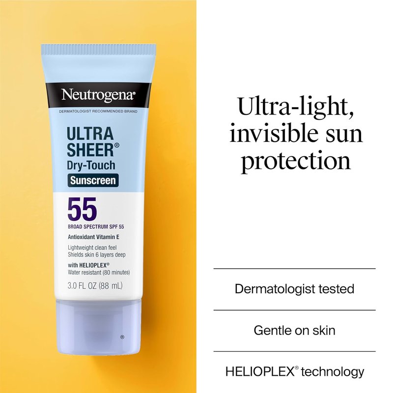 Neutrogena Ultra Sheer Dry-Touch Sunscreen SPF 55 for Face & Body, Lightweight Non Greasy Broad Spectrum UVA/UVB Protection, No White Cast, Water Resistant (80 Min) Travel Sunscreen Lotion, 3 fl oz