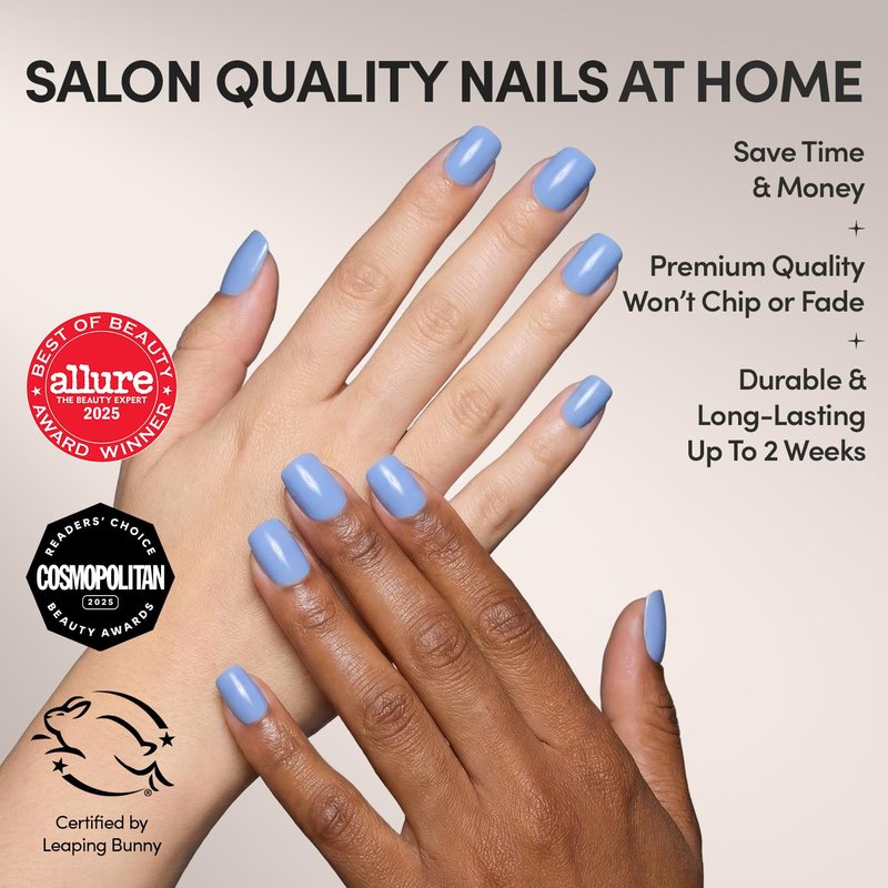 Glamnetic Press On Nails - Cashmere Blue | Opaque Short Squoval Fake Nails, 30-Piece Kit in 15 Sizes