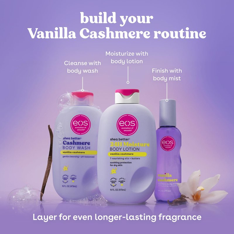 eos Cashmere Body Mist, Vanilla Cashmere, Soft Musk, Cozy Caramel, Hair Mist, Body Spray for Women Moisturizing, Hyaluronic Acid, Vanilla Body Spray, Vegan, Cruelty-free, 6 fl oz